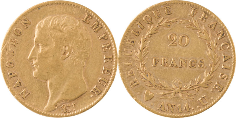 340. Napoléon Ier (1804-1815)
20 Francs An 14, Turin.
Poids : 6,43 g
G : 1022 (1...