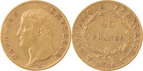 340. Napoléon Ier (1804-1815)
20 Francs An 14, Turin.
Poids : 6,43 g
G : 1022 (1755 exemplaires).
TTB.