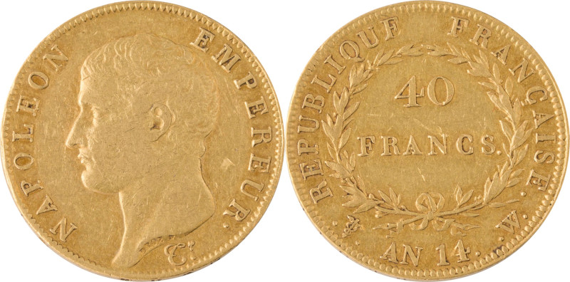 341. Napoléon Empereur (1804-1815)
40F An 14 W : Lille.
Poids : 12,86 g
G : 1081...