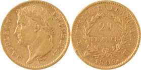 346. Napoléon Ier (1804-1815)
20 Francs 1808, Turin.
Poids : 6,43 g
G : 1024 (1505 exemplaires).
TTB.