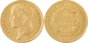 348. Napoléon Ier (1804-1815)
40F 1809 M : Toulouse.
Poids : 12,91 g
G : 1084 (1402 exemplaires).
TTB.