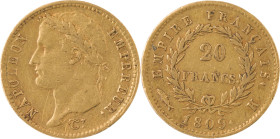 349. Napoléon Ier (1804-1815)
20 Francs or 1809, Bordeaux.
Poids : 6,44 g
G : 1025 (3614 exemplaires).
Presque TTB.