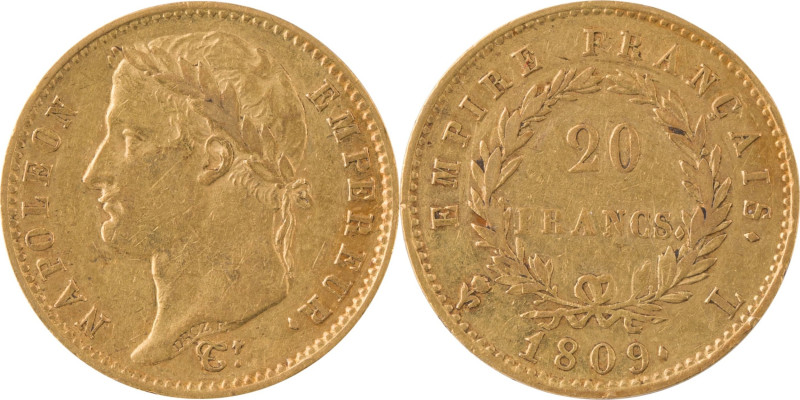 350. Napoléon Ier (1804-1815)
20 Francs or 1809, Bayonne.
Poids : 6,41 g
G : 102...
