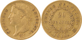 352. Napoléon Ier (1804-1815)
20 Francs or 1810, Toulouse.
Poids : 6,41 g
G : 1025 (1983 exemplaires).
Presque TTB.