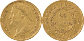 356. Napoléon Ier (1804-1815)
20 Francs or 1811, Bordeaux.
Poids : 6,41 g
G : 1025 (10917 exemplaires).
TTB.