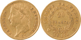 357. Napoléon Ier (1804-1815)
20 Francs or 1811, Turin.
Poids : 6,42 g
G : 1025 (20268 exemplaires).
TTB.