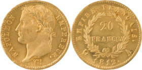359. Napoléon Ier (1804-1815)
20 Francs or 1812, Paris.
Poids : 6,45 g
G : 1025.
Superbe à fleur de coin