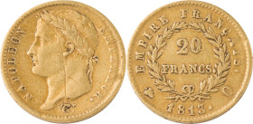 363. Napoléon Ier (1804-1815)
20 Francs or, 1813 Perpignan.
Poids : 6,35 g
G : 1025 (13165 exemplaires).
TB. (Grosse rayure sur la tête de Napoléon Ie...