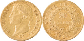 366. Napoléon Ier (1804-1815)
20 Francs or, 1814 Gênes.
Poids : 6,43 g
G : 1025 (887 exemplaires).
Presque TTB.