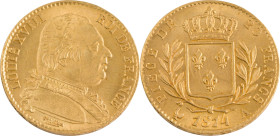 367. Louis XVIII (1814-1824)
20 Francs or au buste habillé, 1814 Paris.
Poids : 6,45 g
G : 1026.
Superbe à fleur de coin.