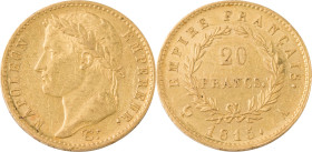 368. Napoléon Ier, Les 100 jours (1804-1815)
20 Francs or, 1815 Paris.
Poids : 6,45 g
G : 1025a.
TTB. Champ brillant.
(Semble être un flan bruni ayant...