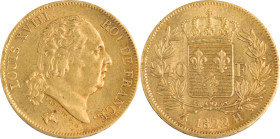 371. Louis XVIII (1814-1824)
40F 1822 H : La Rochelle.
Poids : 12,87 g
G : 1092 (611 exemplaires).
 TTB à superbe. (Faiblesse de frappe au revers sur ...