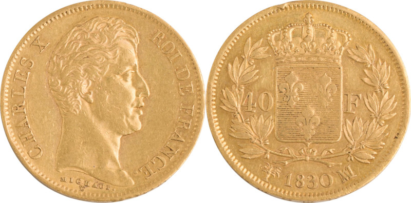 374. Charles X (1824-1830)
40F 1830 MA : Marseille.
Poids : 12,85 g
G : 1105 (1 ...