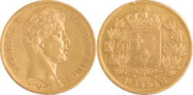 374. Charles X (1824-1830)
40F 1830 MA : Marseille.
Poids : 12,85 g
G : 1105 (1 026 exemplaires).
TTB. (Coup sur le listel au dessus de la couronne).