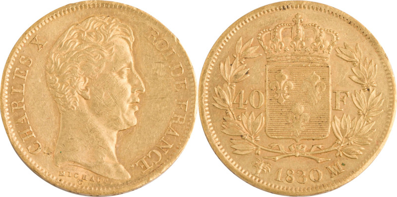 375. Charles X (1824-1830)
40F 1830 MA : Marseille.
Poids : 12,90 g
G : 1105 (1 ...