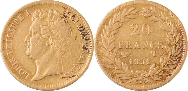 379. Louis-Philippe (1830-1848)
20 Francs or tête nue, tranche en relief 1831 Na...