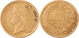 379. Louis-Philippe (1830-1848)
20 Francs or tête nue, tranche en relief 1831 Nantes.
Poids : 6,42 g
G : 1030a (868 exemplaires).
TB à TTB.