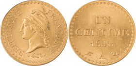 382. IIe République
Essai de 1 centime 1848, Paris, en or.
Poids : 4,24 g
VG : 3231.
FDC. (Faiblesse de frappe au centre).