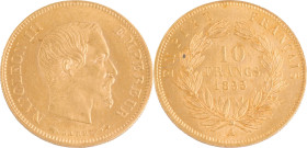 385. Napoléon III (1852-1870)
10 Francs or 1855 Paris, grand module. Flan bruni (?)
Poids : 3,22 g
G : 1014.
FDC.