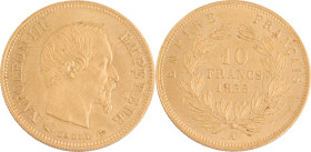 386. Napoléon III (1852-1870)
10 Francs or 1855 Paris, grand module.
Poids : 3,24 g
G : 1014.
Superbe-FDC.
(Flan bruni (?) Paille sous le mot Empereur...