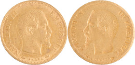 387. Napoléon III (1852-1870)
10 Francs or tête nue, Paris, revers incus.
Poids : 3,20 g
G : 1014 var.
Presque Superbe.