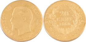389. Napoléon III (1852-1870)
Essai piéfort de 20 centimes 1860 Paris en or. Tranche cannelée.
Poids : 3,67 g
G : 305 var.
Superbe-FDC.