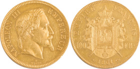 390. Napoléon III (1852-1870)
 100F or Napoléon III tête laurée. 1861 étoile. Épreuve flan bruni,
tranche lisse.
Poids : 31,71 g
G : 1136.
 Doit être ...