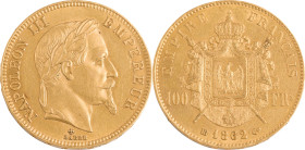 391. Napoléon III (1852-1870)
100F 1862 BB : Strasbourg.
Poids : 32,24 g
G : 1136 (3 078 exemplaires).
Presque Superbe.