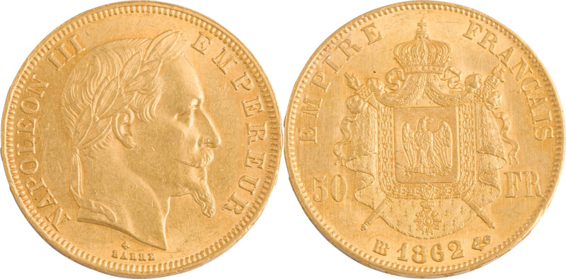 392. Napoléon III (1852-1870)
50F or 1862 BB : Strasbourg.
Poids : 16,14 g
G : 1...