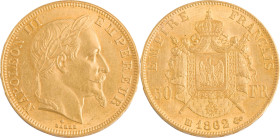 392. Napoléon III (1852-1870)
50F or 1862 BB : Strasbourg.
Poids : 16,14 g
G : 1112 (7 310 exemplaires).
Presque Superbe.