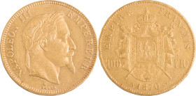 393. Napoléon III (1852-1870)
100F or 1870 A : Paris.
Poids : 32,19 g
G : 1136.
TB à TTB. (Nombreuses traces de circulation).
 Rarissime malgré un chi...