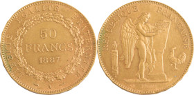 396. IIIe République
50F 1887 A : Paris.
Poids : 16,11 g
G : 1113 (301 exemplaires).
Pratiquement TTB. (Un petit choc sur le listel au revers)