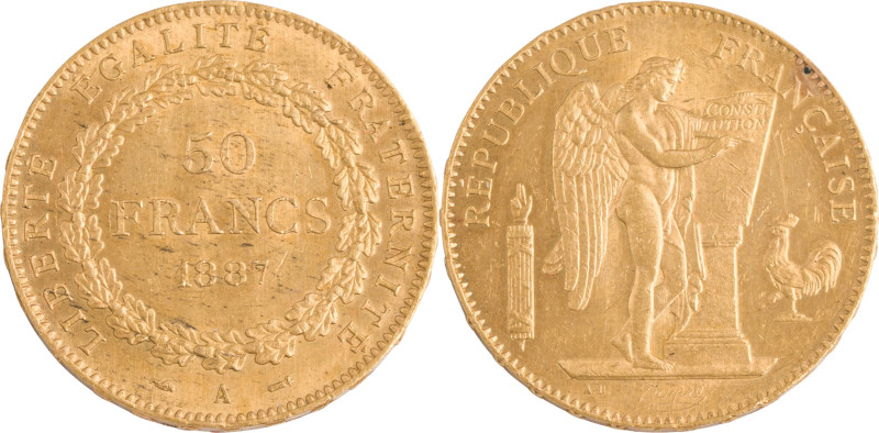 398. IIIe République
50 francs, 1887.
Poids : 16,13 g
G : 1113 (301 exemplaires)...