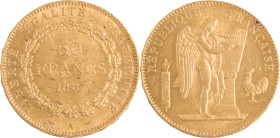 398. IIIe République
50 francs, 1887.
Poids : 16,13 g
G : 1113 (301 exemplaires).
TTB à Superbe.