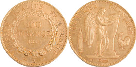 399. IIIe République
100F or Type Génie 1894 A : Paris.
Poids : 32,25 g
G : 1137 (143 exemplaires).
TTB.