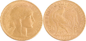 405. IIIe République
 20 Francs or 1909, type Chaplain, frappe décalée (coin tourné).
Refrappe des années 1950.
Poids : 6,46 g
G : 1064a var.
Superbe....