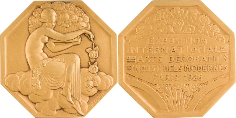 406. Médaille octogonale en or 750 / 1000 pour l’Exposition Internationale
des A...
