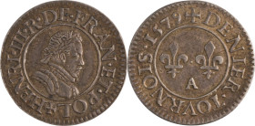 410. Henri III (1576-1589)
Essai du denier tournois en argent, 1579 Paris.
Poids : 1,56 g
L : 993d. Dy : 1153Av.
Superbe.