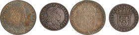 415. Louis XIII (1610-1643)
Ensemble de 2 monnaies du 1er poinçon.
- Demi écu 1642, Paris. Poids : 13,8 g
G : 49.
TTB-Superbe.
- Quart d’écu 1642, Par...