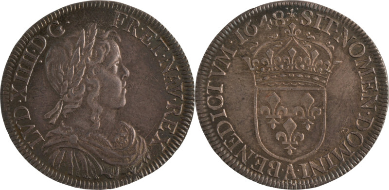419. Louis XIV (1643-1715)
 Demi écu à la mèche longue 1648 Paris. Lys au dessus...
