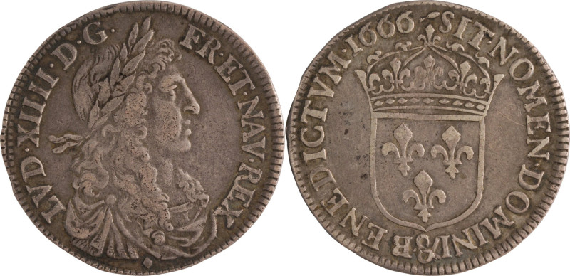 425. Louis XIV (1643-1715)
 Quart d’écu au buste juvénile en argent, 1666 Aix-en...