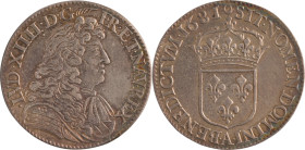 430. Louis XIV (1643-1715)
Demi écu à la cravate 1681, Paris.
Poids : 13,5 g
G : 178.
TTB. (Strie sur la joue).