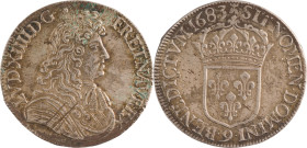 431. Louis XIV (1643-1715)
Écu à la cravate 1683, Rennes.
Poids : 27,4 g
G : 210.
TTB.