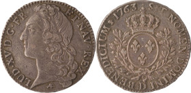 449. Louis XV (1715-1774)
Demi écu au bandeau 1763 Lyon.
Poids : 14,6 g
G : 314.
Semble inédit.
TTB.