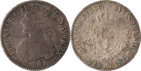 461. Louis XVI (1774-1793)
 Écu d’argent aux rameaux d’olivier 1790 Marseille 1er semestre.
Poids : 29,2 g
G : 356.
Presque Superbe.