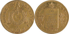 474. Convention Nationale
Essai du sol à la balance. Cuivre jaune. 1793 Paris.
Signature DUPRE.
Poids : 12 g
Vg . 414. G : 19.
Superbe. (Trace de vern...