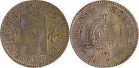 475. Convention Nationale
Essai argent du sol à la balance. 1793 Metz.
 Par DUPRE. Frappé avec les coins de la refrappe
(Grenade constituée de deux po...