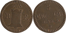 476. Convention Nationale
Essai du 5 centimes An 3, bronze.
Poids : 1,34 g
VG : 443. M : 358. G : 121.
Superbe.