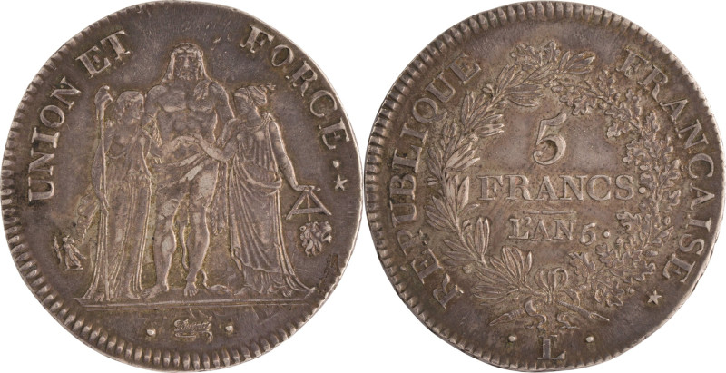 478. Directoire
5 Francs Union et Force An 6/5 Bayonne.
Poids : 24,9 g
G : 563.
...