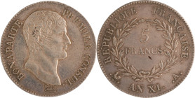 487. Consulat (1799-1804)
5 Francs Bonaparte An 11 Paris.
Poids : 25 g
G : 577.
Superbe.